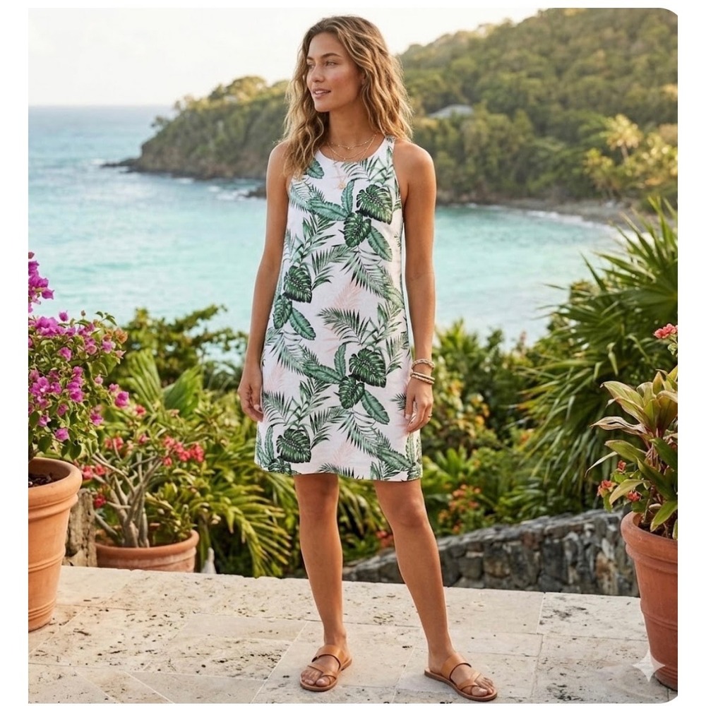 C&C California 100% Linen Dress Palm Leaf Print Sleeveless Casual Summer S‎